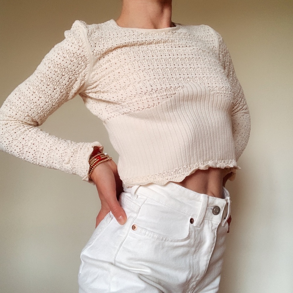 Cropped Crochet Long Sleeve Crew Neck Top - size S